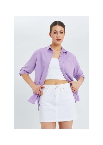 9942 Kadın Oxford Uzun Kol Basic Gömlek Lila indirimleri
