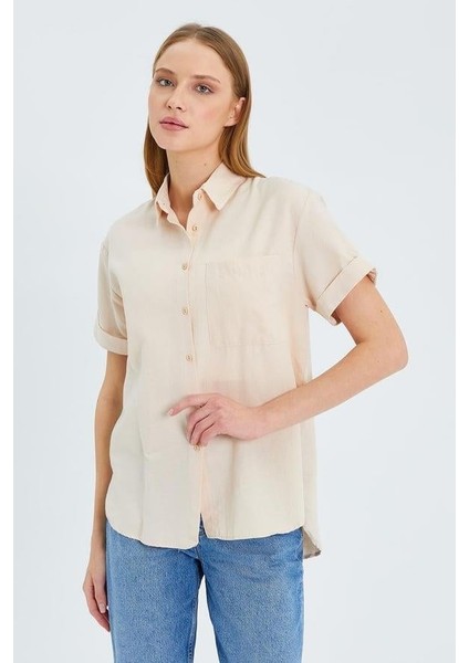 3950 Kadın Oxford Kısa Kollu Basic Gömlek Taş