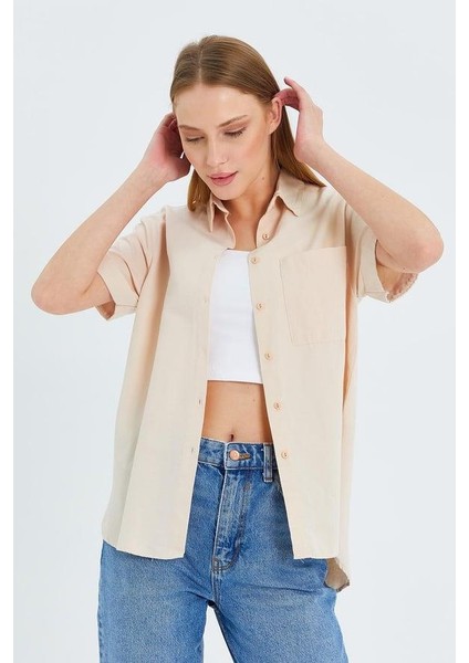 3950 Kadın Oxford Kısa Kollu Basic Gömlek Taş modelleri