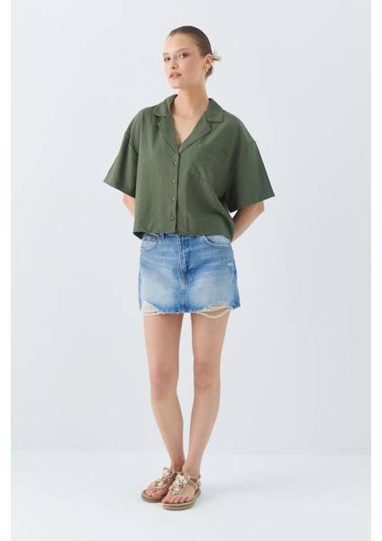 4556 Kadın Cepli Basic Crop Gömlek Haki fiyatları
