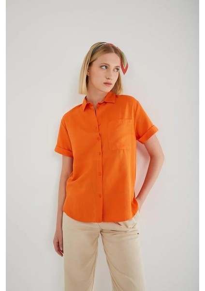 3950 Kadın Oxford Kısa Kollu Basic Gömlek Oranj modelleri