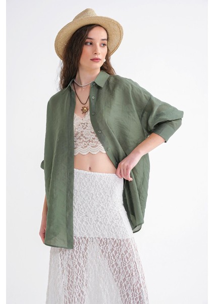 4667 Kadın Ince Oversize Modal Gömlek Haki