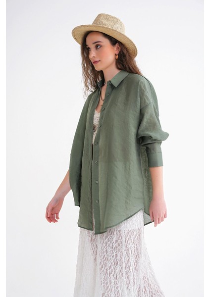 4667 Kadın Ince Oversize Modal Gömlek Haki modelleri
