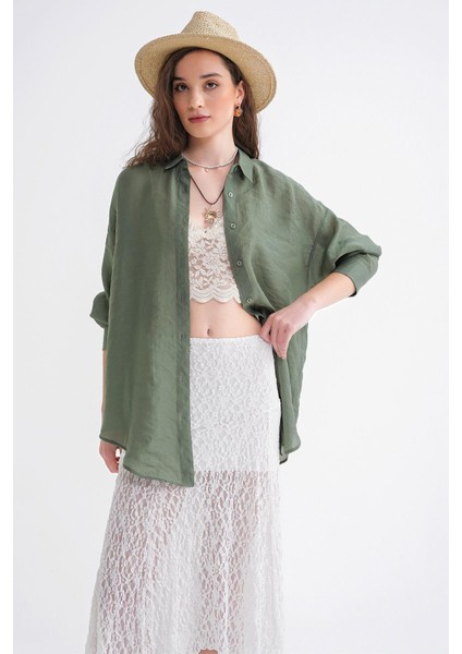 4667 Kadın Ince Oversize Modal Gömlek Haki indirimleri