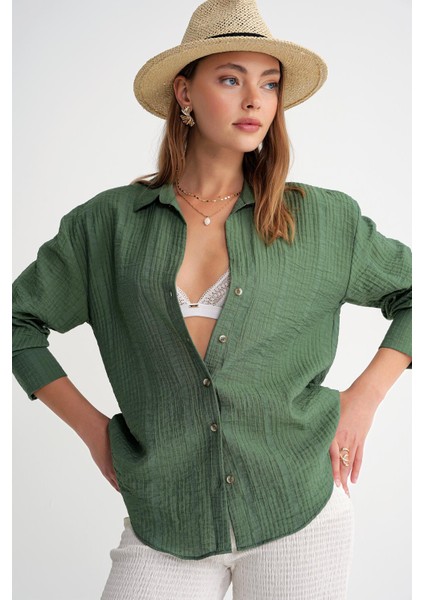 4642 Kadın Apoletli Kraşlı Gömlek Haki