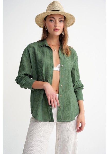 4642 Kadın Apoletli Kraşlı Gömlek Haki fiyatları