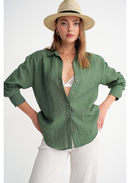 4642 Kadın Apoletli Kraşlı Gömlek Haki modelleri