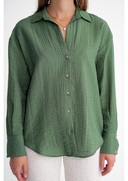 4642 Kadın Apoletli Kraşlı Gömlek Haki indirimleri