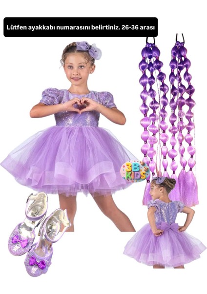 Payetli Mor Elbise Kostüm + Mor Bubble Saç + Mor Topuklu Ayakkabı Seti Kuromi Düğün Parti