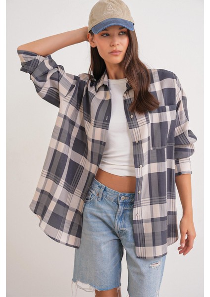 4752 Kadın Oversize Ekose Gömlek Antrasit