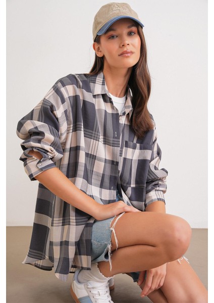 4752 Kadın Oversize Ekose Gömlek Antrasit fırsatları