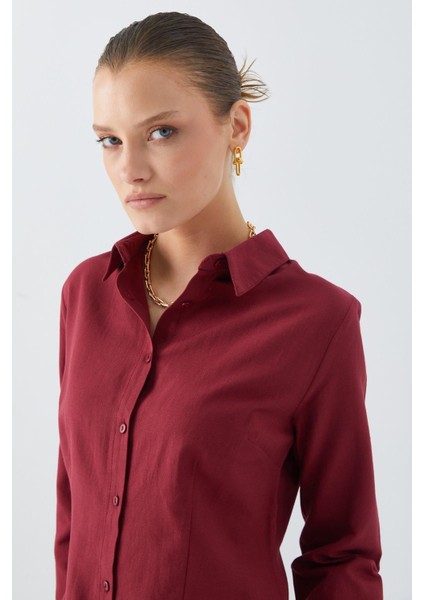 4634 Kadın Pensli Fit Gömlek Bordo modelleri