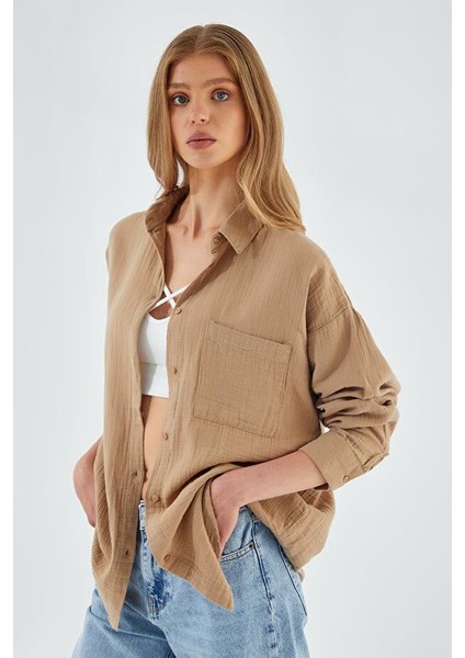 3833 Kadın Oversize Cepli Müslin Gömlek Vizon