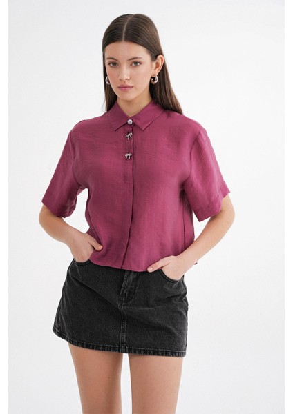 4663 Kadın Kombin Düğmeli Crop Gömlek Bordo
