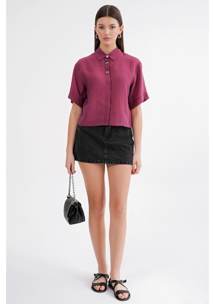 4663 Kadın Kombin Düğmeli Crop Gömlek Bordo fiyatları