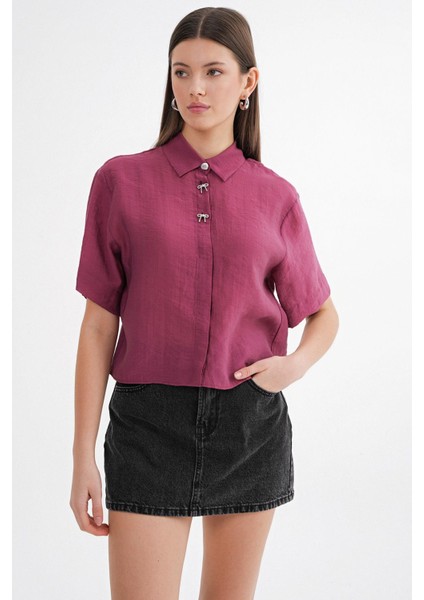 4663 Kadın Kombin Düğmeli Crop Gömlek Bordo modelleri