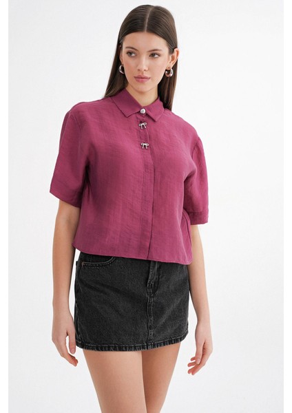 4663 Kadın Kombin Düğmeli Crop Gömlek Bordo fırsatları