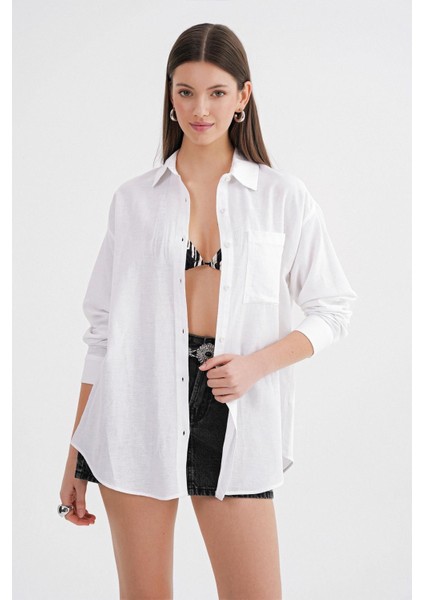 4670 Kadın Cepli Oversize Basic Keten Gömlek Beyaz