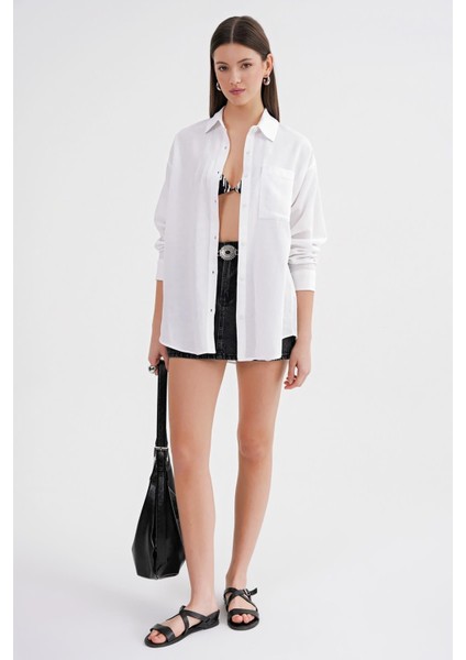 4670 Kadın Cepli Oversize Basic Keten Gömlek Beyaz fiyatları