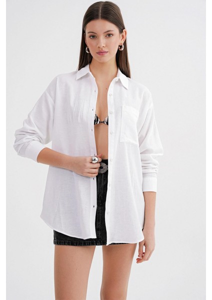 4670 Kadın Cepli Oversize Basic Keten Gömlek Beyaz modelleri