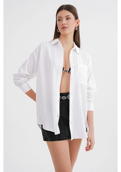 4670 Kadın Cepli Oversize Basic Keten Gömlek Beyaz fırsatları