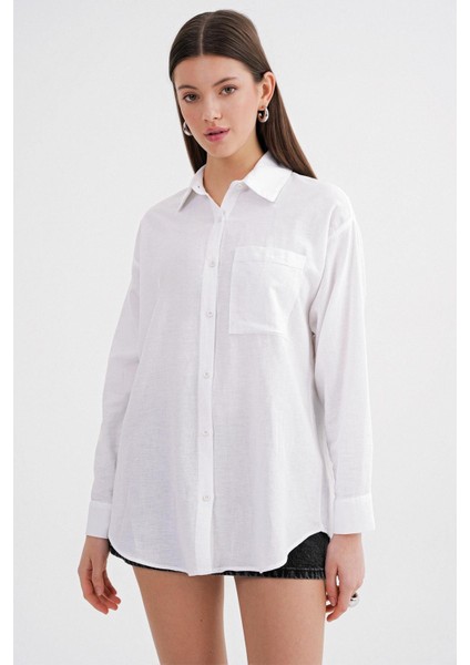 4670 Kadın Cepli Oversize Basic Keten Gömlek Beyaz indirimleri