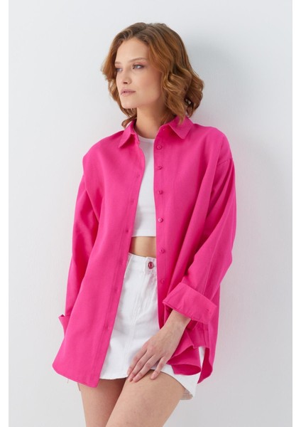 4621 Kadın Arkası Pileli Basic Gömlek Fuşya