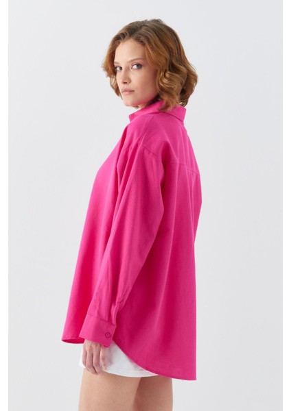 4621 Kadın Arkası Pileli Basic Gömlek Fuşya indirimleri