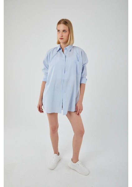 4053 Kadın Tek Cepli Oversize Basic Gömlek Bebe Mavi modelleri
