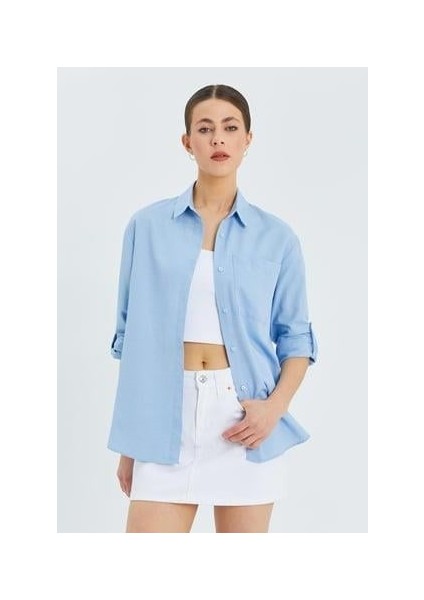 9942 Kadın Oxford Uzun Kol Basic Gömlek Bebe Mavi
