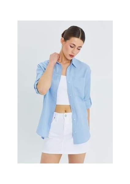 9942 Kadın Oxford Uzun Kol Basic Gömlek Bebe Mavi indirimleri