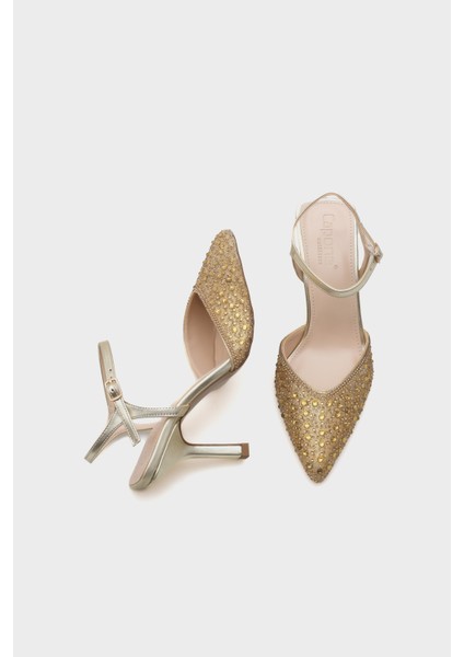 Sivri Burunlu Orta Topuklu Taşlı Kadın Ayakkabı