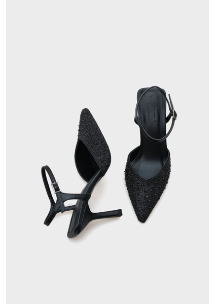 Sivri Burunlu Orta Topuklu Taşlı Kadın Ayakkabı