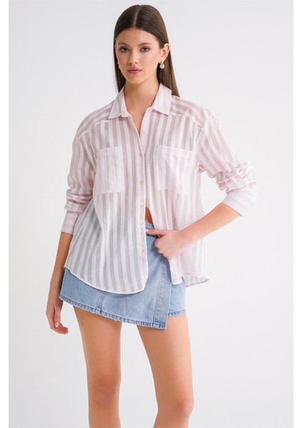 4650 Kadın Robalı Hafif Transparan Çizgili Basic Gömlek Pembe
