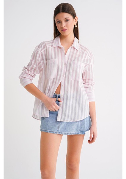 4650 Kadın Robalı Hafif Transparan Çizgili Basic Gömlek Pembe fiyatları