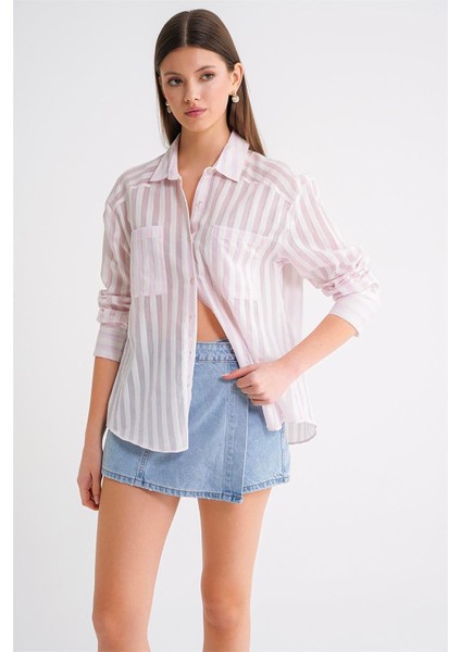 4650 Kadın Robalı Hafif Transparan Çizgili Basic Gömlek Pembe modelleri