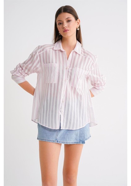 4650 Kadın Robalı Hafif Transparan Çizgili Basic Gömlek Pembe fırsatları