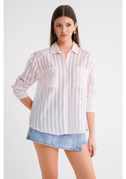 4650 Kadın Robalı Hafif Transparan Çizgili Basic Gömlek Pembe indirimleri