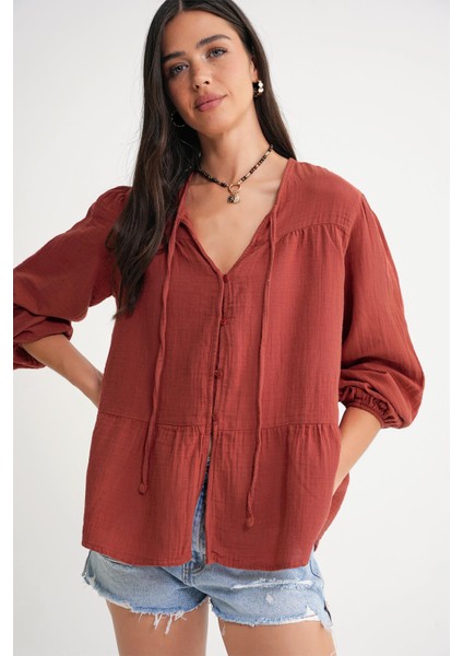 4563 Kadın Yakası Bağlamalı Kolu Lastikli Bol Müslin Gömlek Kiremit