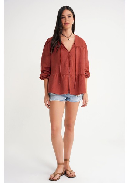 4563 Kadın Yakası Bağlamalı Kolu Lastikli Bol Müslin Gömlek Kiremit fiyatları
