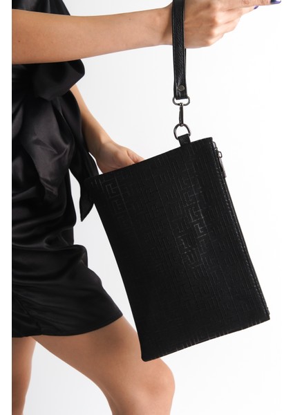 Saten Labirent Desenli Paris Kadın Clutch Çanta