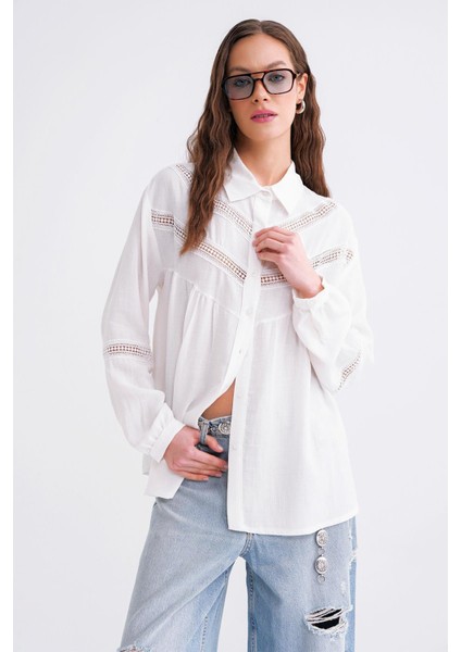 4680 Kadın Dantel Detaylı Oversize Keten Gömlek Beyaz