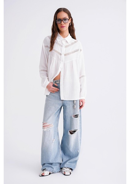 4680 Kadın Dantel Detaylı Oversize Keten Gömlek Beyaz fiyatları