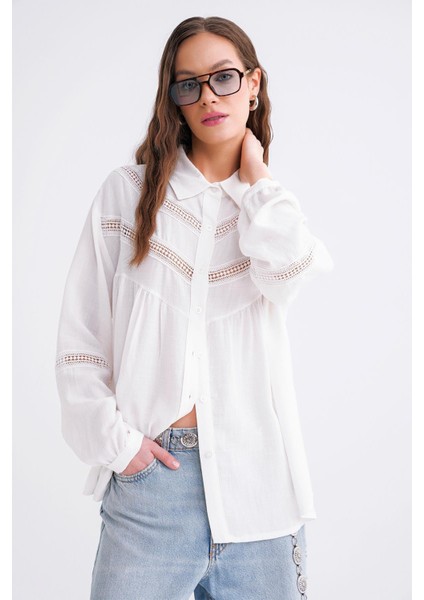 4680 Kadın Dantel Detaylı Oversize Keten Gömlek Beyaz modelleri