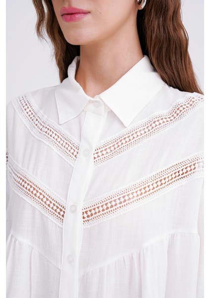 4680 Kadın Dantel Detaylı Oversize Keten Gömlek Beyaz fırsatları