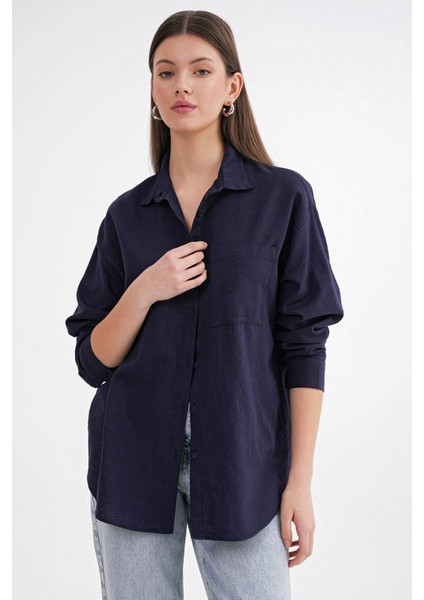 4670 Kadın Cepli Oversize Basic Keten Gömlek Lacivert