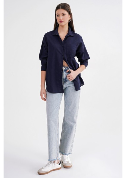 4670 Kadın Cepli Oversize Basic Keten Gömlek Lacivert fiyatları