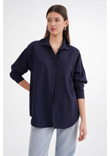4670 Kadın Cepli Oversize Basic Keten Gömlek Lacivert modelleri
