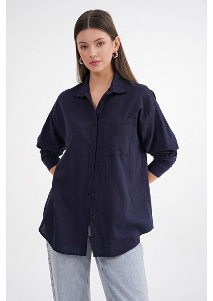 4670 Kadın Cepli Oversize Basic Keten Gömlek Lacivert fırsatları