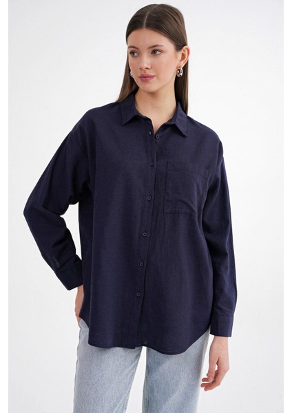 4670 Kadın Cepli Oversize Basic Keten Gömlek Lacivert indirimleri